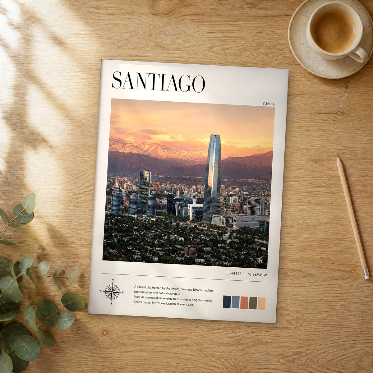 Unframed Santiago modern photography travel poster on a wooden table