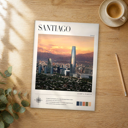 Unframed Santiago modern photography travel poster on a wooden table