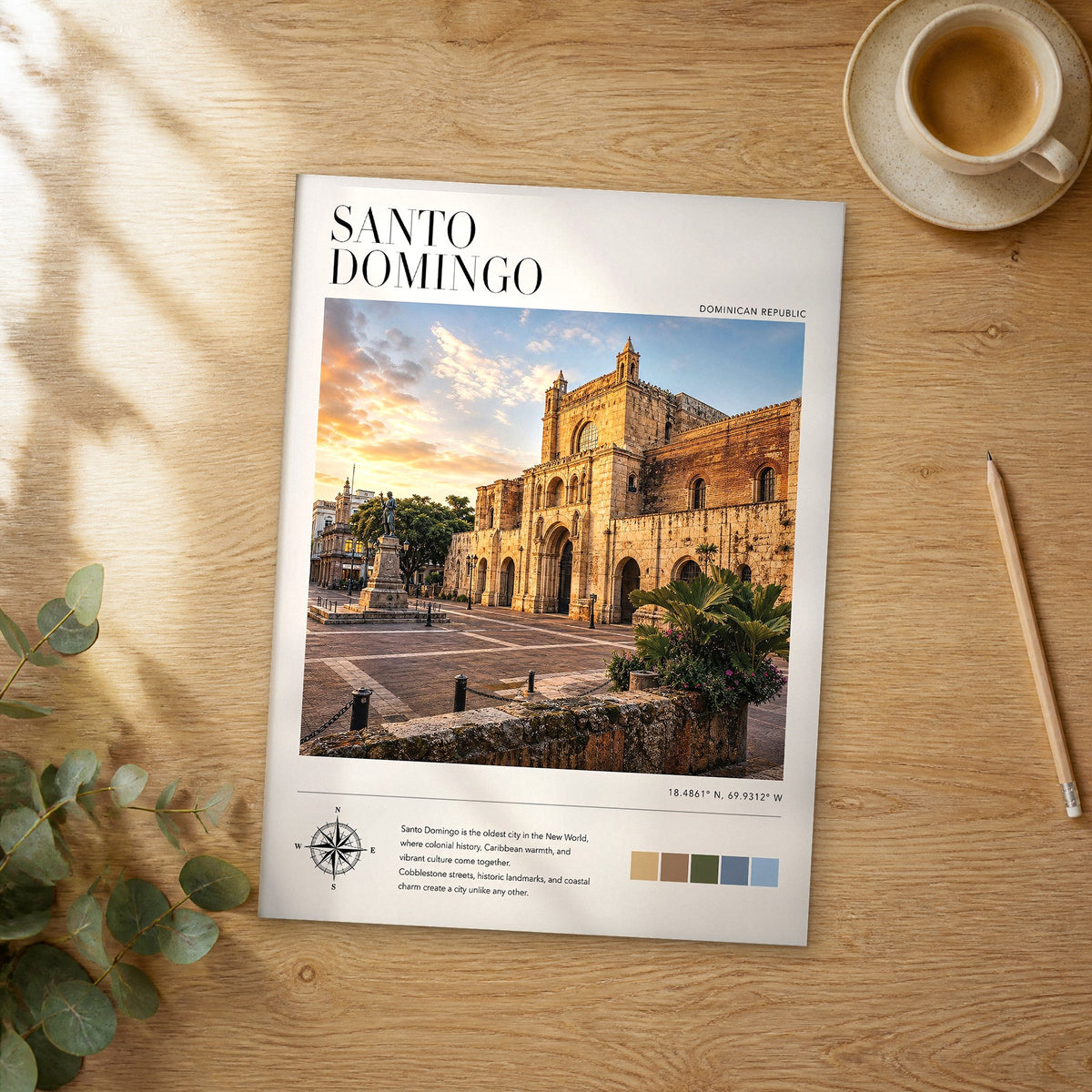 Unframed Santo Domingo modern photography travel poster on a wooden table