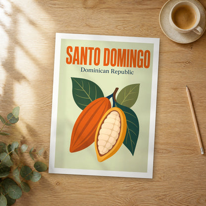 Unframed Santo Domingo pop art travel poster on a wooden table