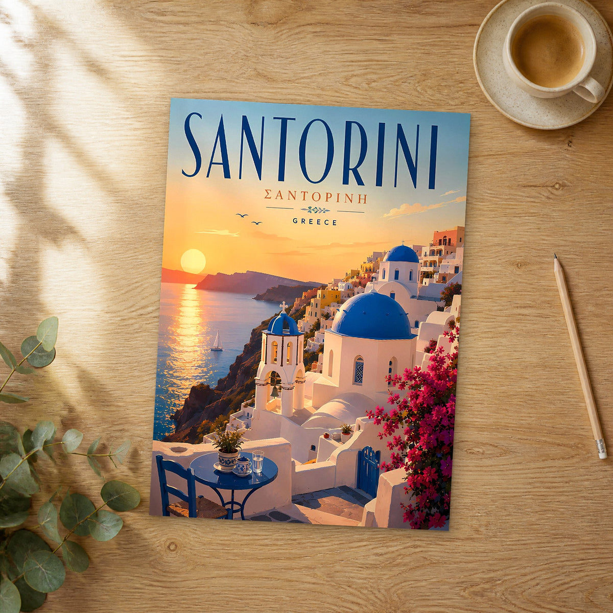 Unframed Santorini Blue Domes at Sunset retro travel poster on a wooden table