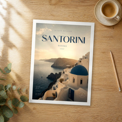 Unframed Santorini Caldera Cliffside Village bold typography travel poster on a wooden table