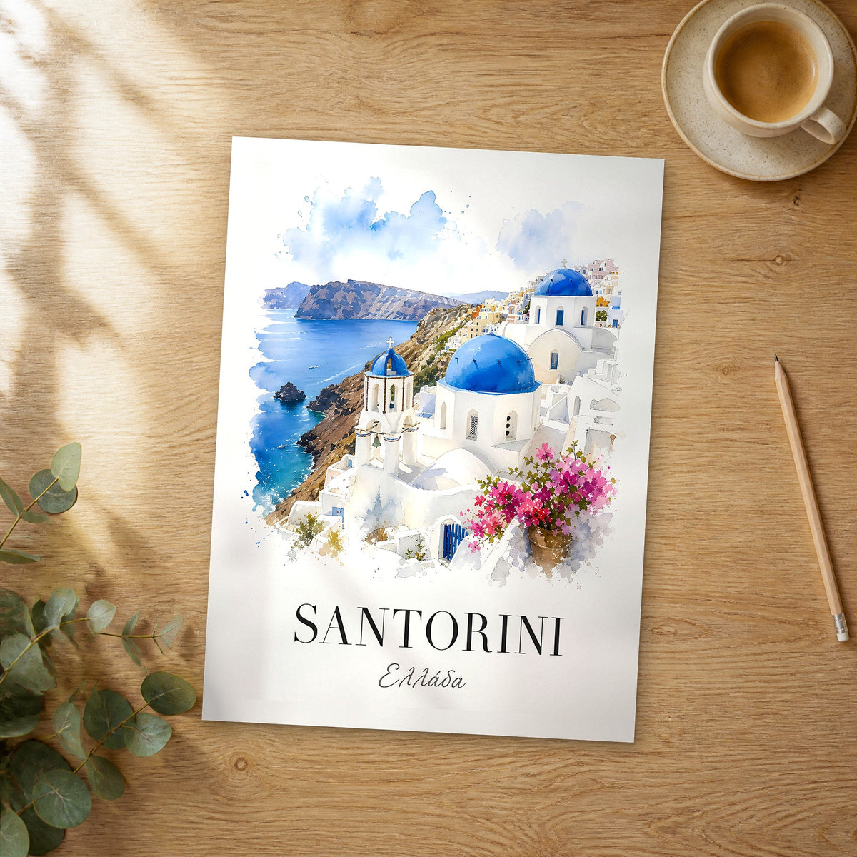 Unframed Santorini Caldera Clifftop Churches watercolor travel poster on a wooden table