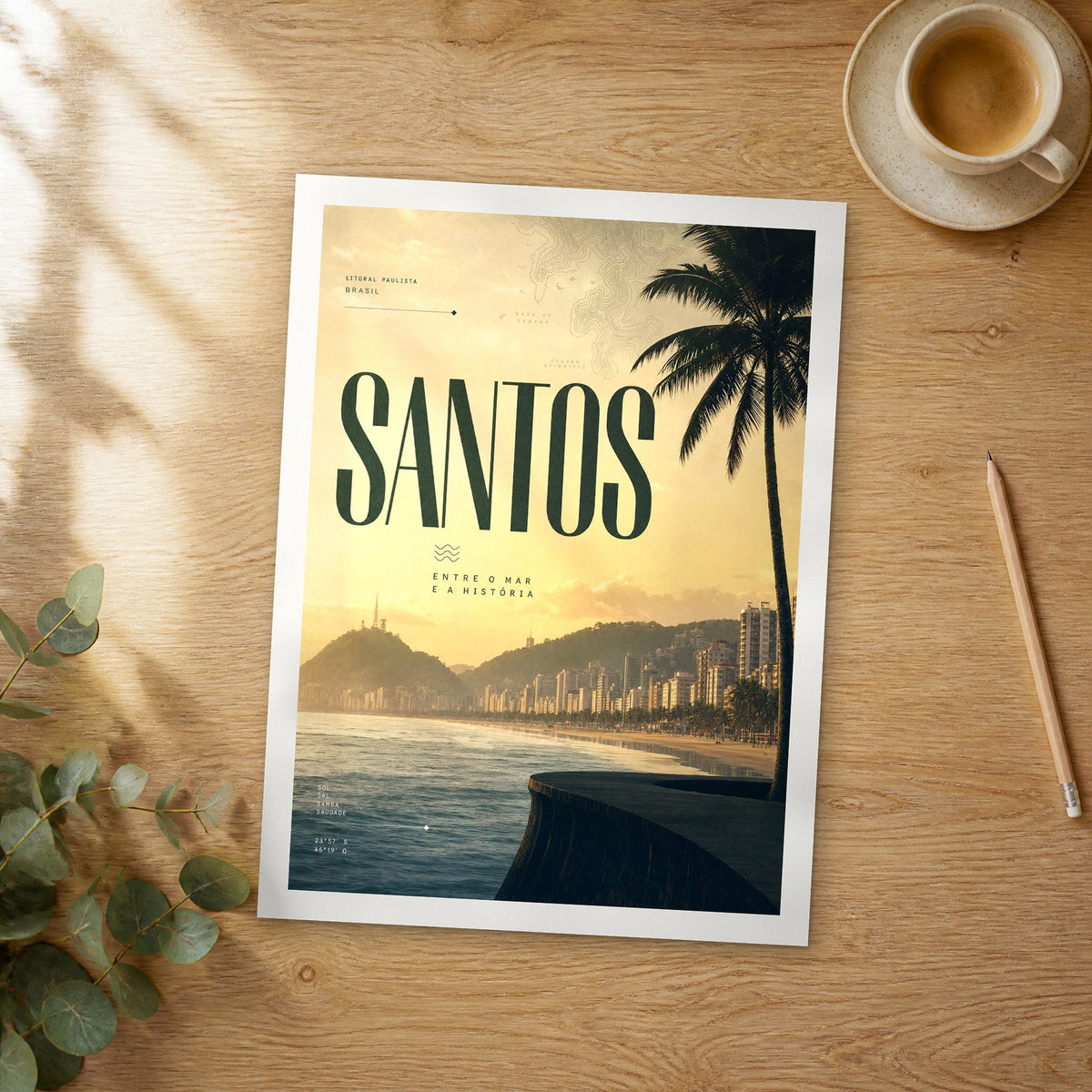 Unframed Santos bold typography travel poster on a wooden table
