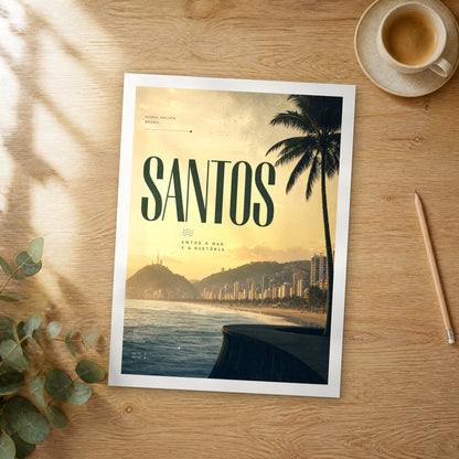 Unframed Santos bold typography travel poster on a wooden table