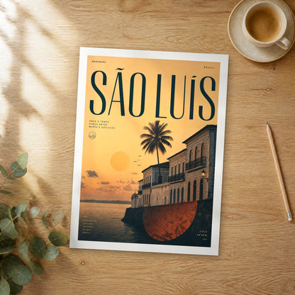 Unframed São Luís bold typography travel poster on a wooden table