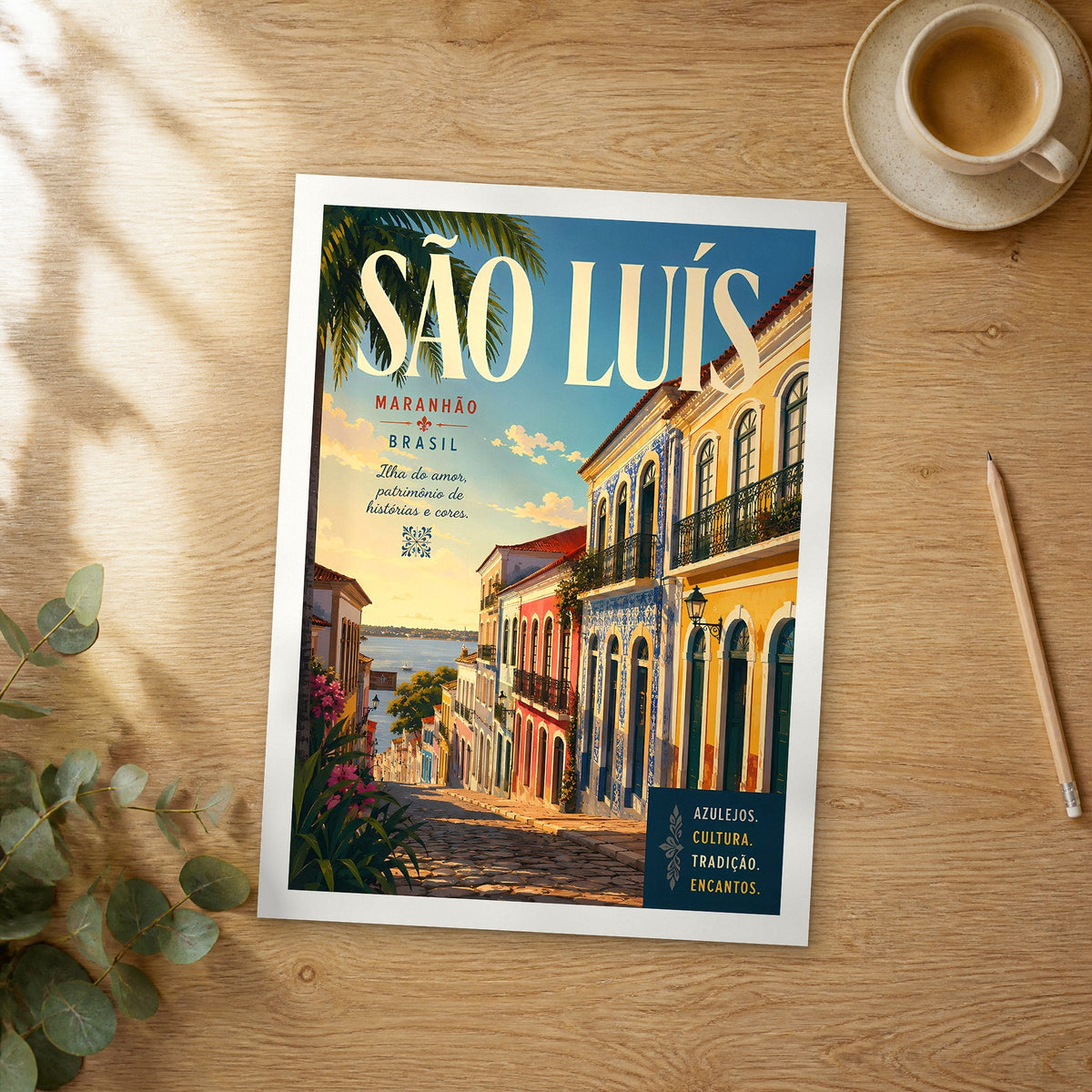 Unframed São Luís retro travel poster on a wooden table