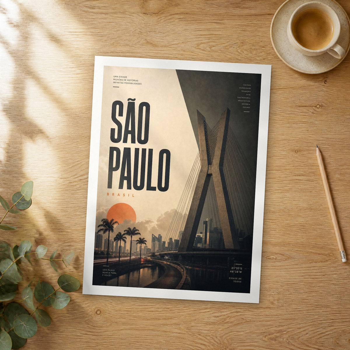 Unframed São Paulo bold typography travel poster on a wooden table