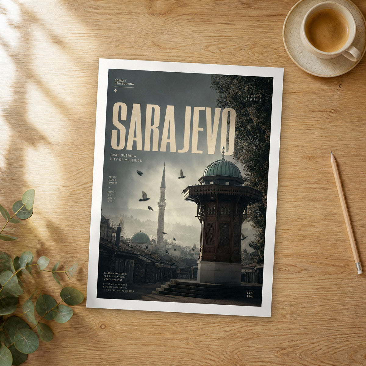 Unframed Sarajevo bold typography travel poster on a wooden table