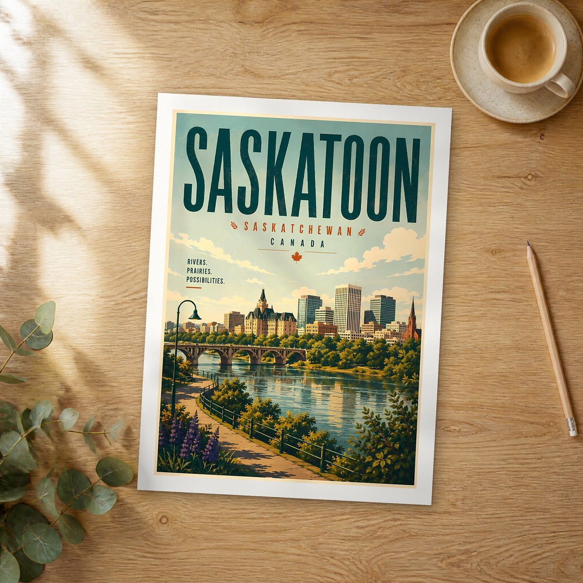 Unframed Saskatoon retro travel poster on a wooden table
