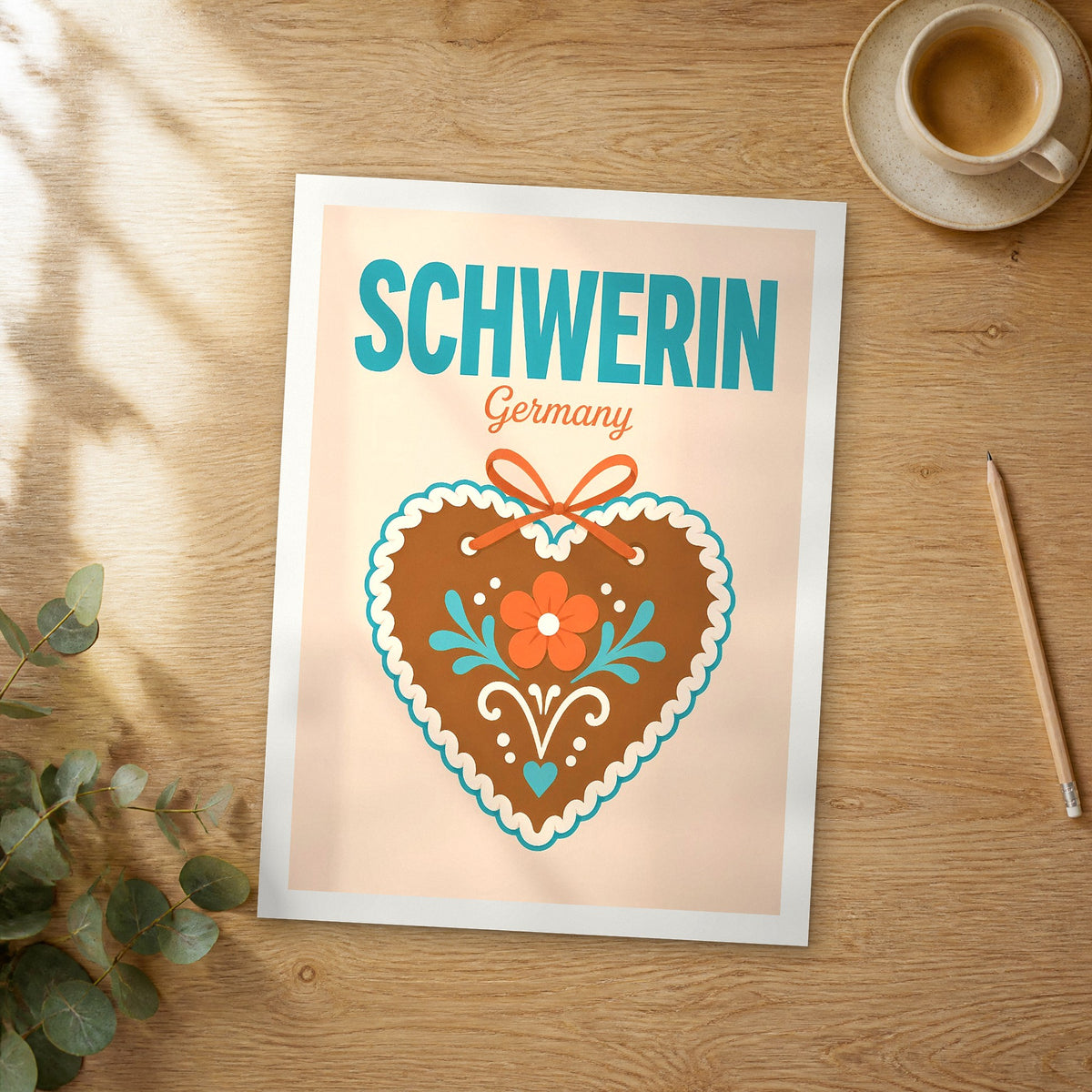 Unframed Schwerin pop art travel poster on a wooden table