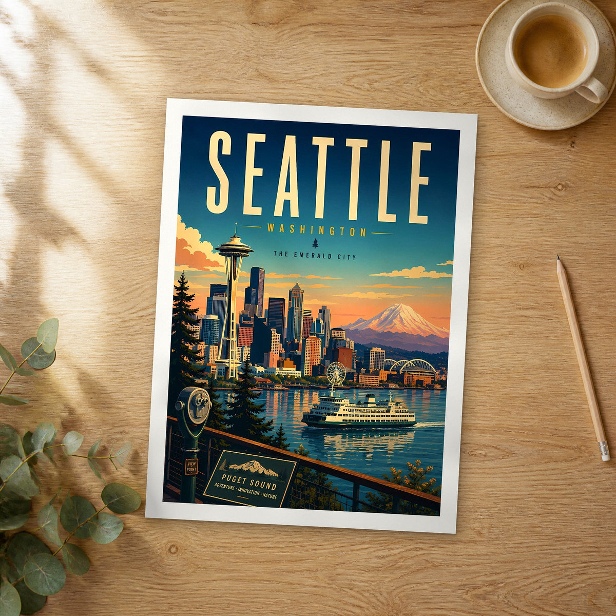 Unframed Seattle Puget Sound Ferry View retro travel poster on a wooden table