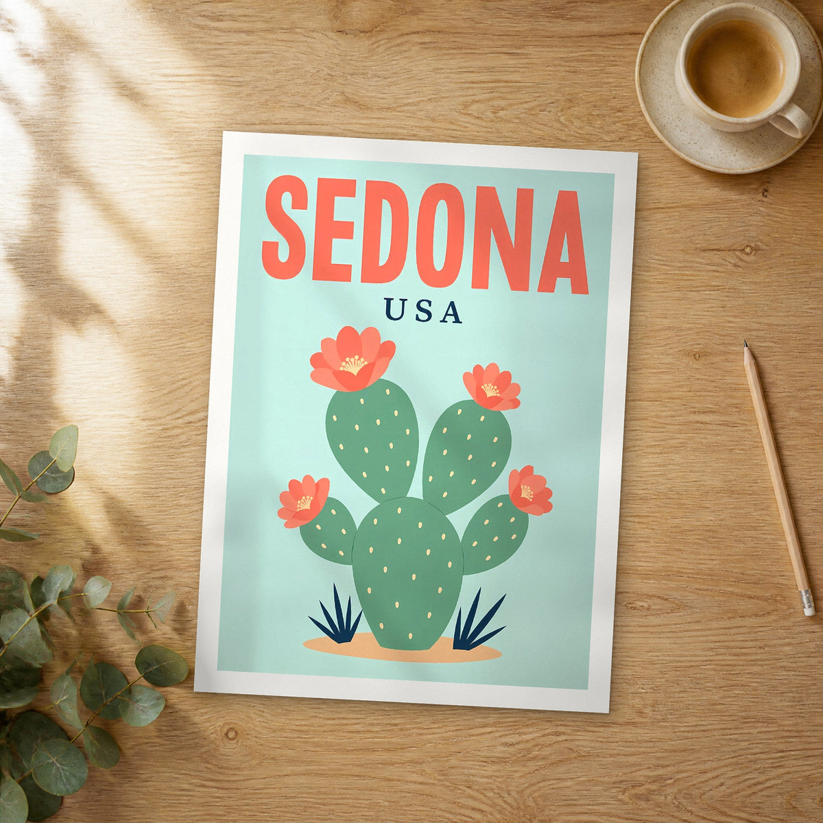 Unframed Sedona pop art travel poster on a wooden table