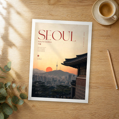 Unframed Seoul bold typography travel poster on a wooden table