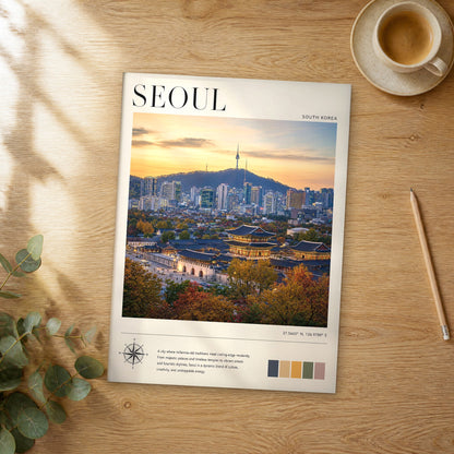 Unframed Seoul modern photography travel poster on a wooden table
