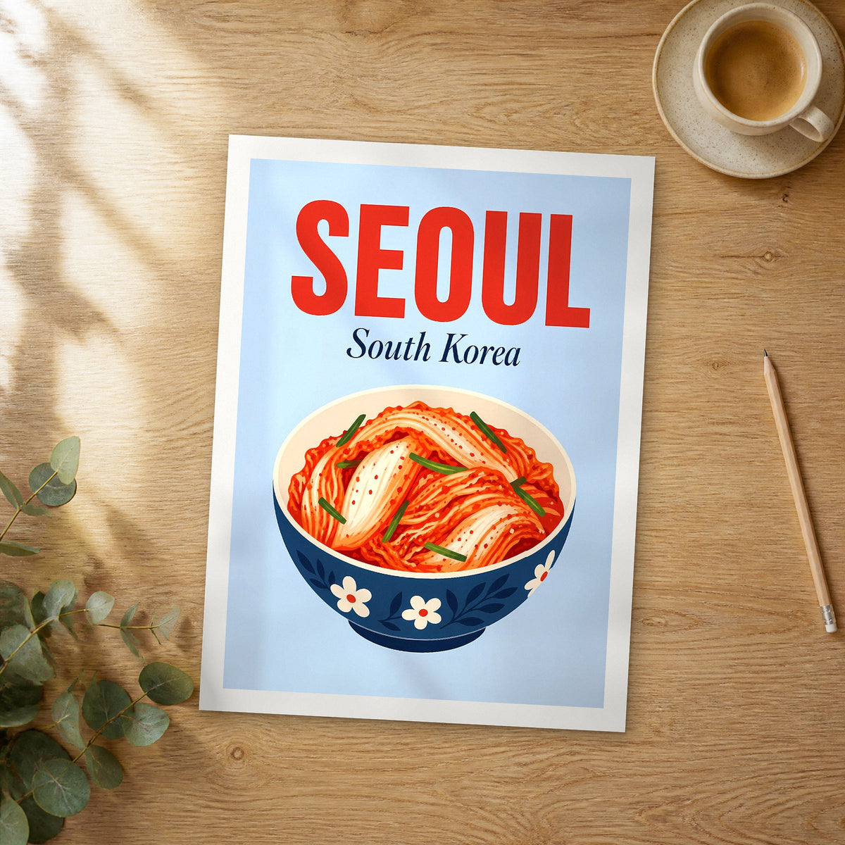 Unframed Seoul pop art travel poster on a wooden table