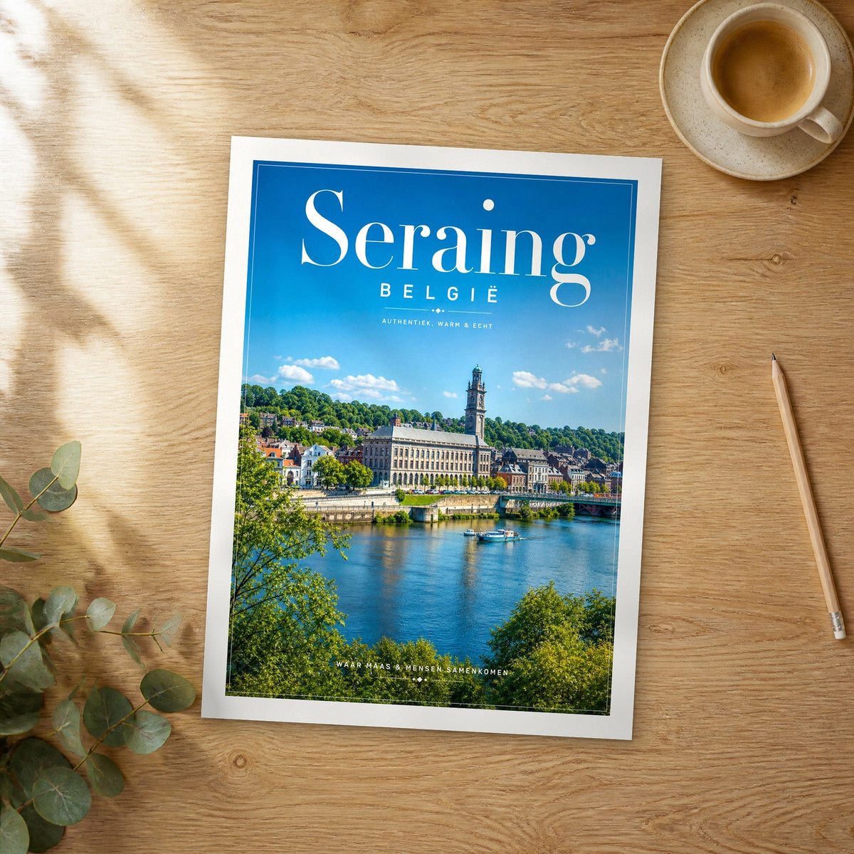 Unframed Seraing editorial travel poster on a wooden table