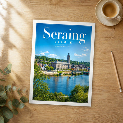 Unframed Seraing editorial travel poster on a wooden table