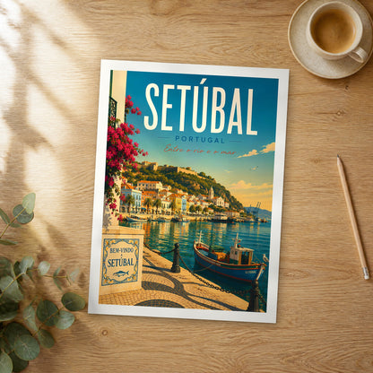 Unframed Setúbal retro travel poster on a wooden table