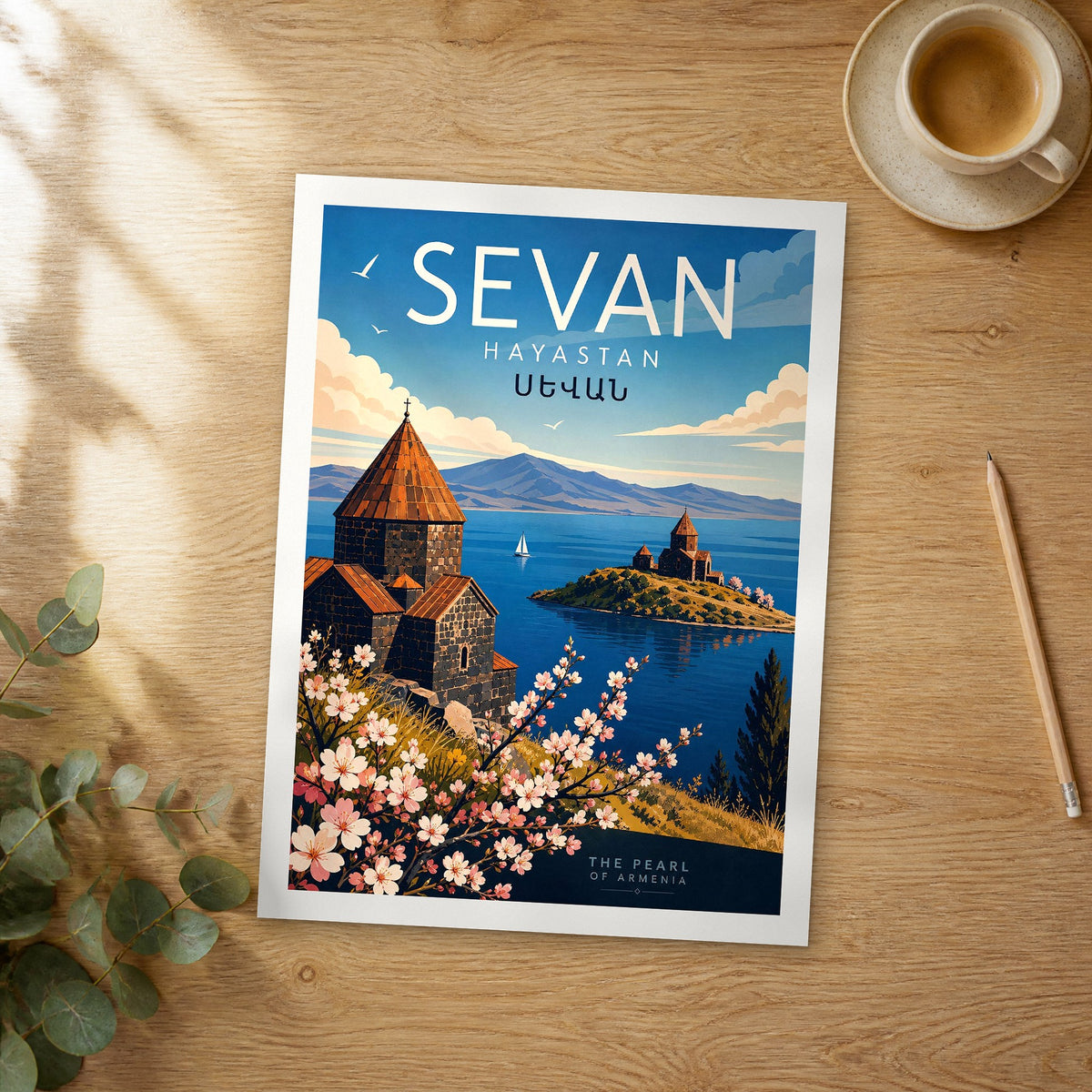 Unframed Sevan retro travel poster on a wooden table