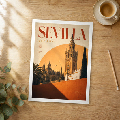 Unframed Seville bold typography travel poster on a wooden table