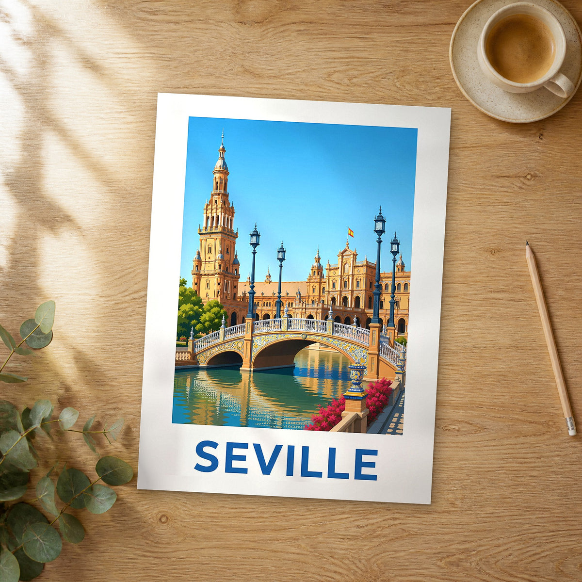 Unframed Seville modern digital travel poster on a wooden table