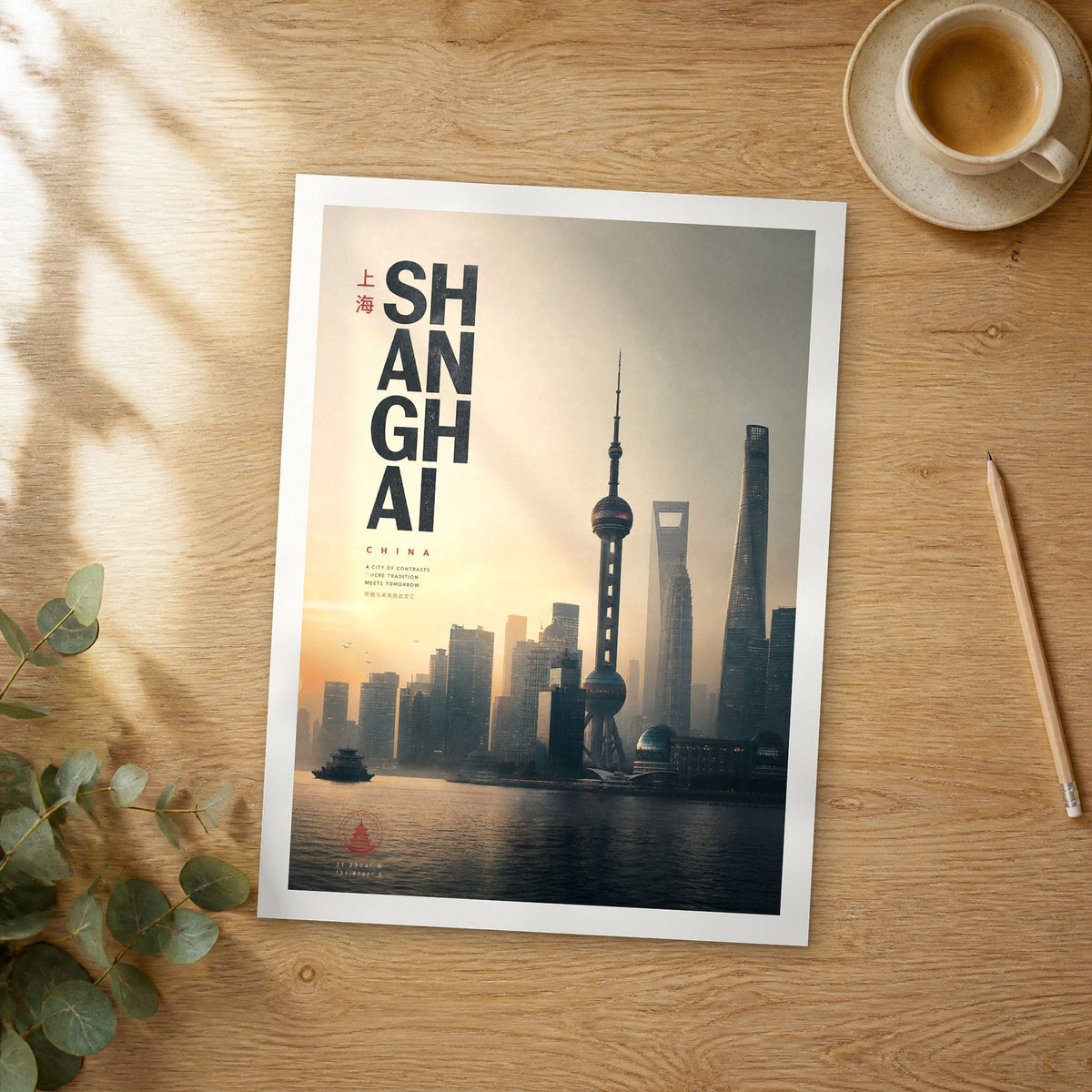 Unframed Shanghai bold typography travel poster on a wooden table