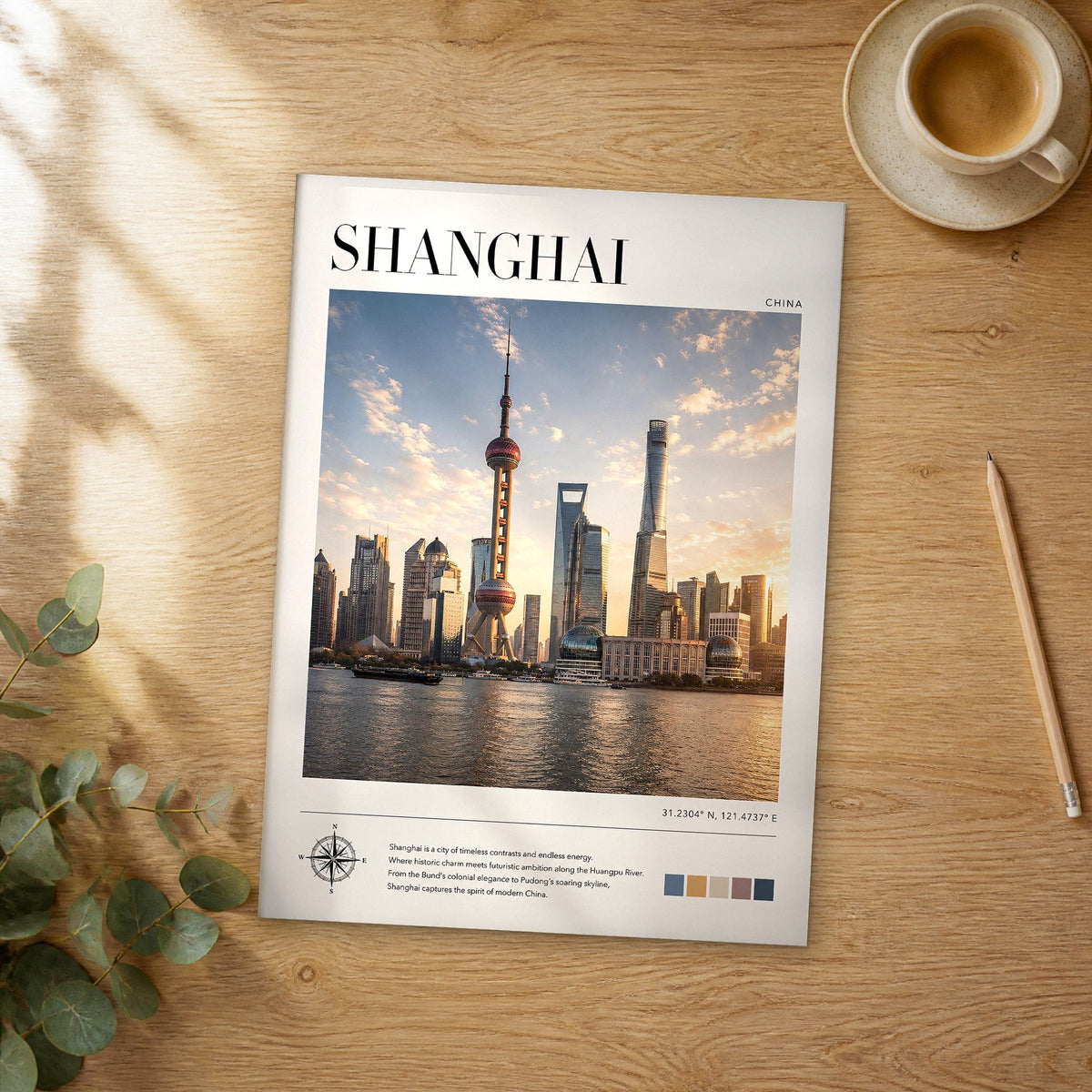 Unframed Shanghai modern photography travel poster on a wooden table
