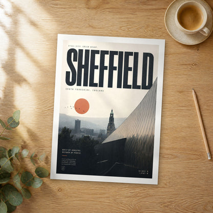 Unframed Sheffield bold typography travel poster on a wooden table
