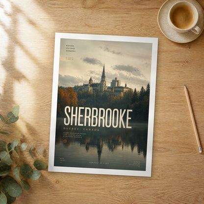 Unframed Sherbrooke bold typography travel poster on a wooden table