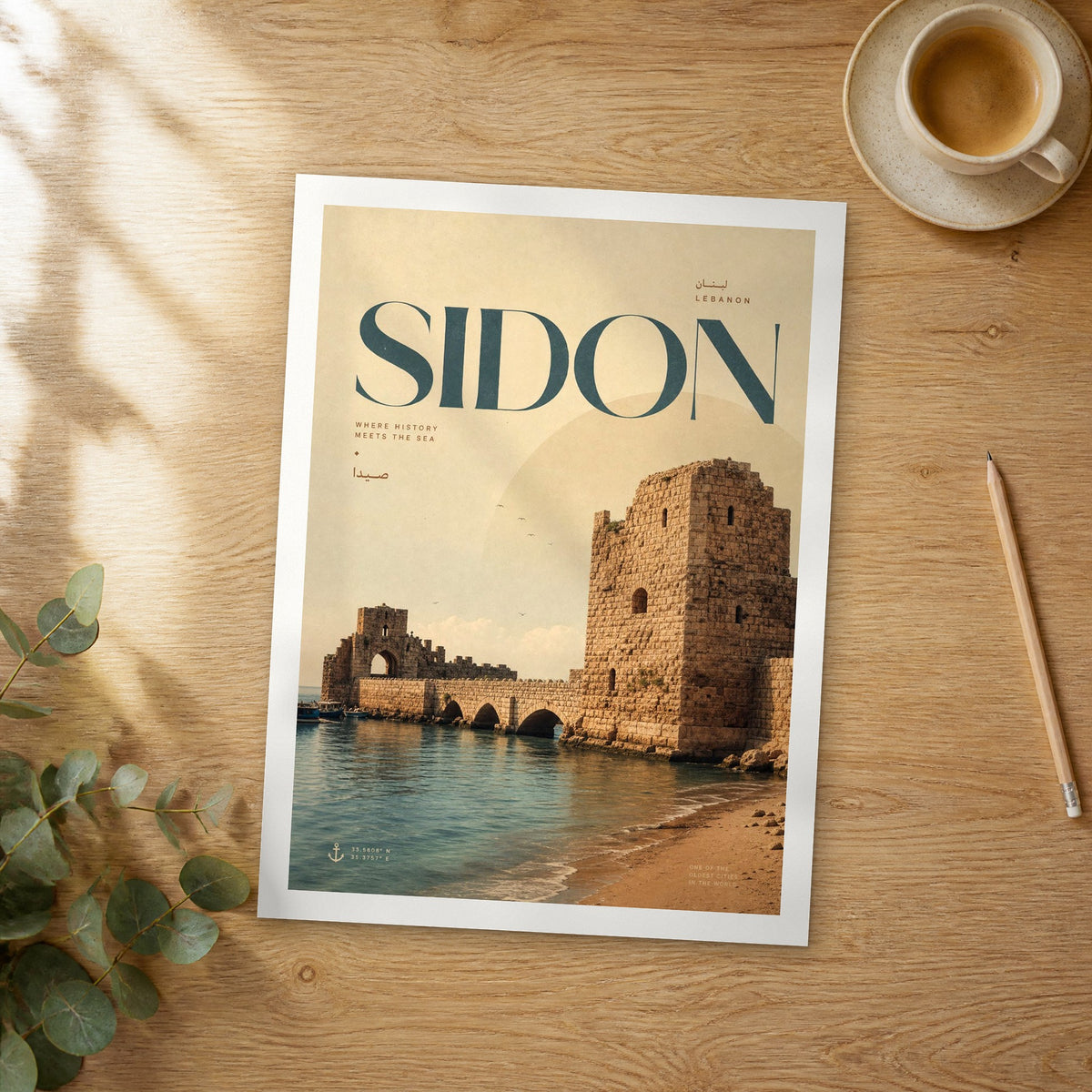 Unframed Sidon bold typography travel poster on a wooden table