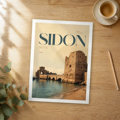 Unframed Sidon bold typography travel poster on a wooden table