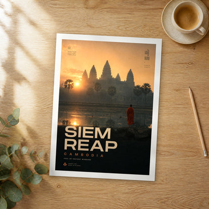 Unframed Siem Reap bold typography travel poster on a wooden table