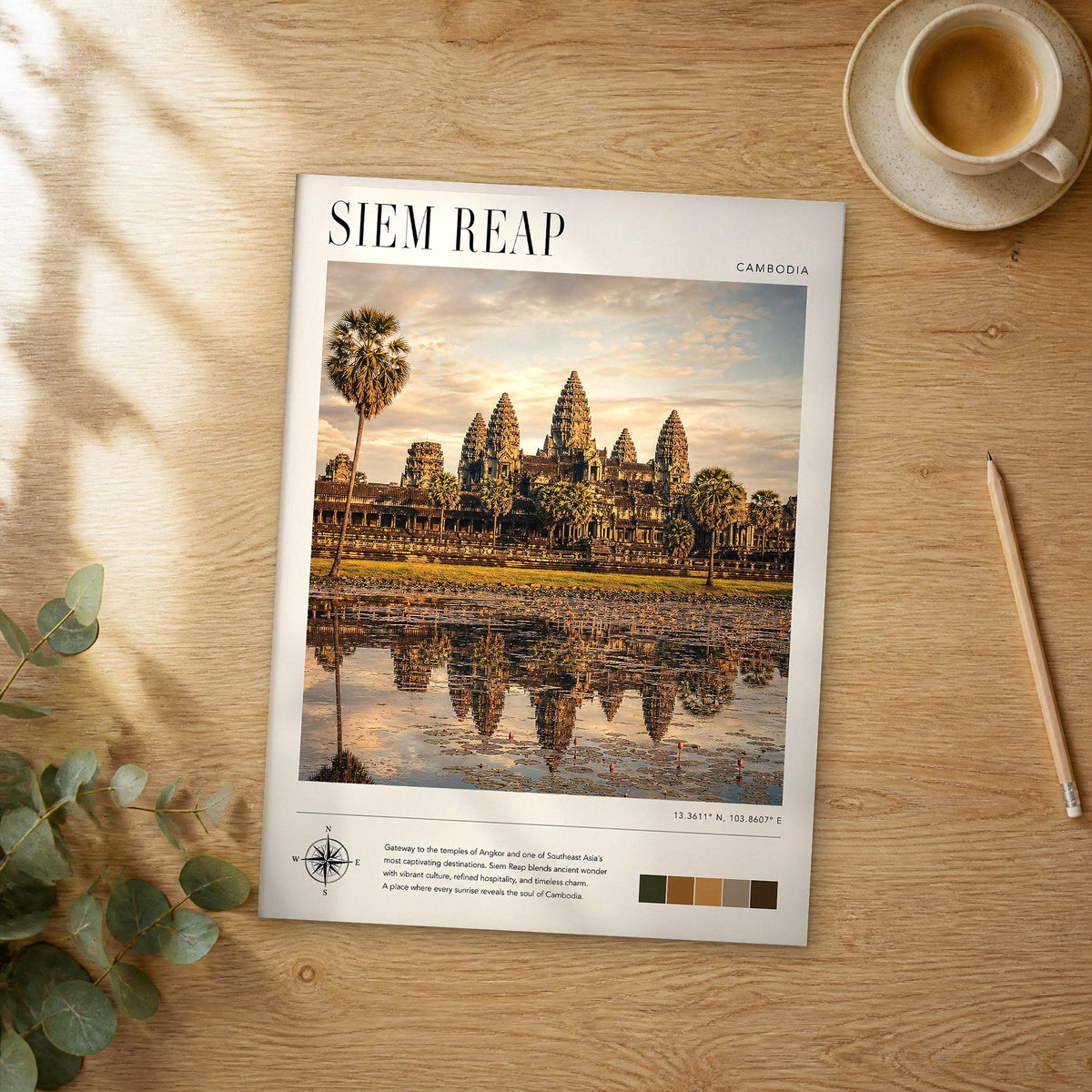 Unframed Siem Reap modern photography travel poster on a wooden table