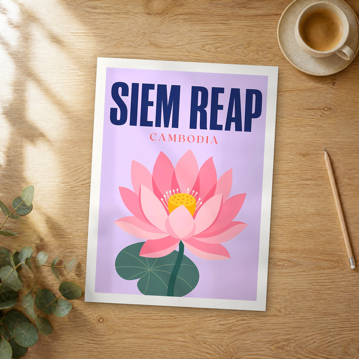 Unframed Siem Reap pop art travel poster on a wooden table