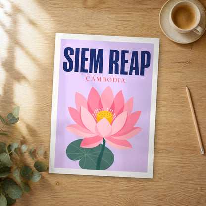Unframed Siem Reap pop art travel poster on a wooden table