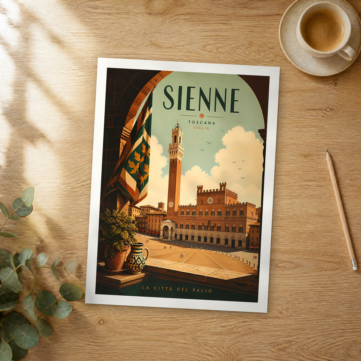 Unframed Siena Piazza del Campo retro travel poster on a wooden table