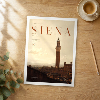 Unframed Siena Torre del Mangia bold typography travel poster on a wooden table