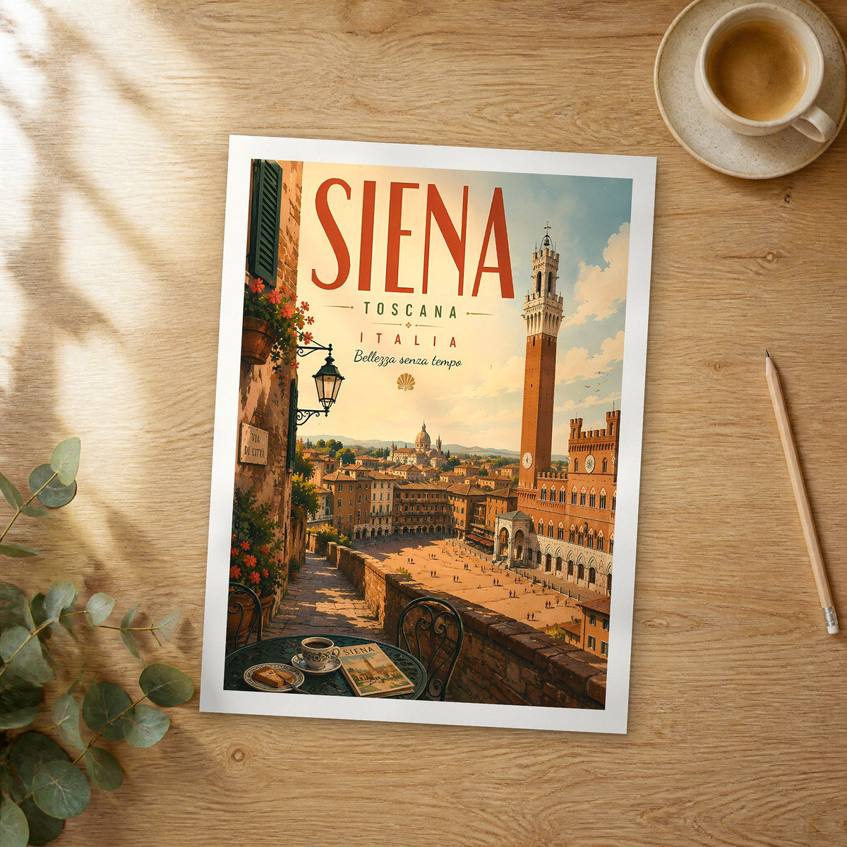 Unframed Siena Torre del Mangia retro travel poster on a wooden table