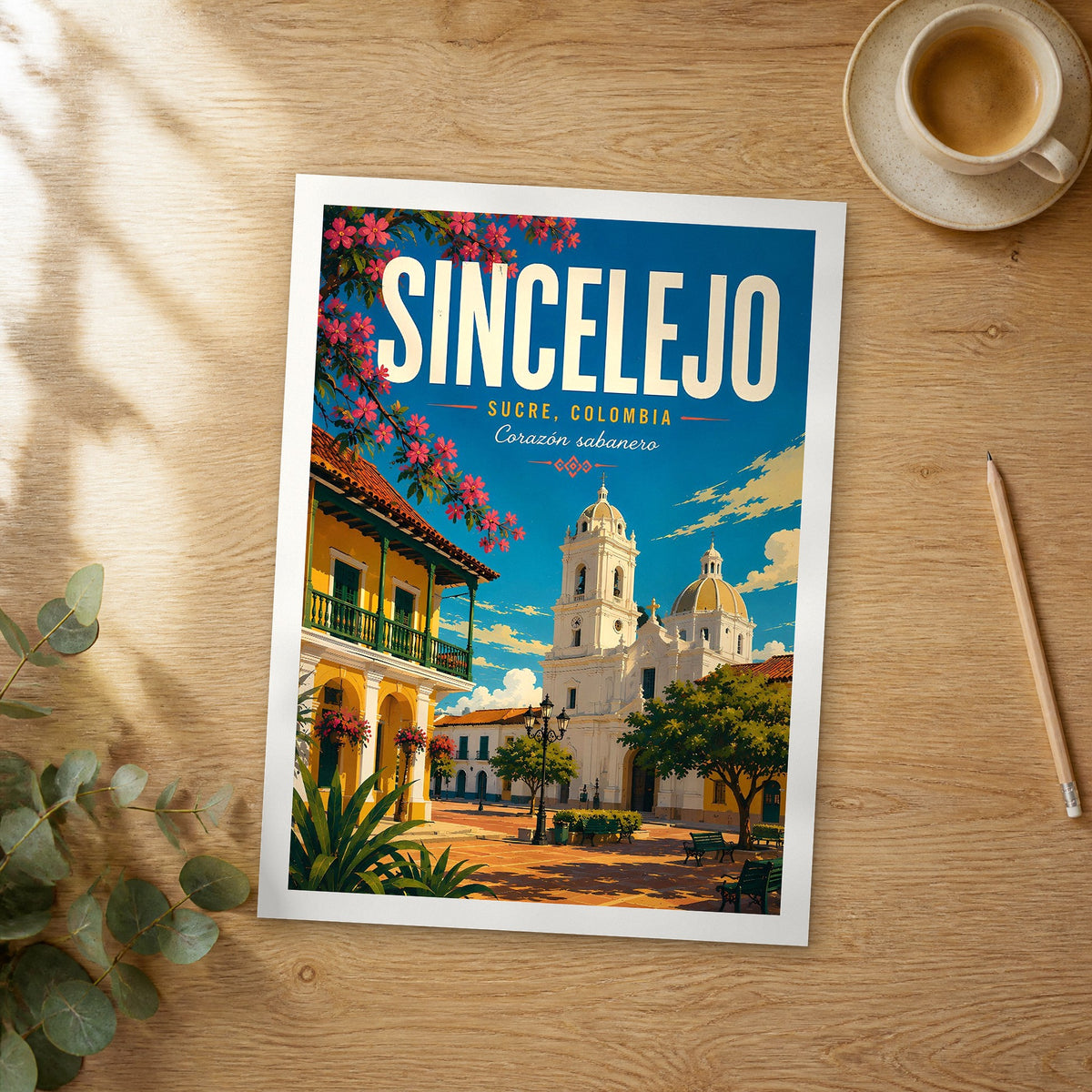 Unframed Sincelejo retro travel poster on a wooden table