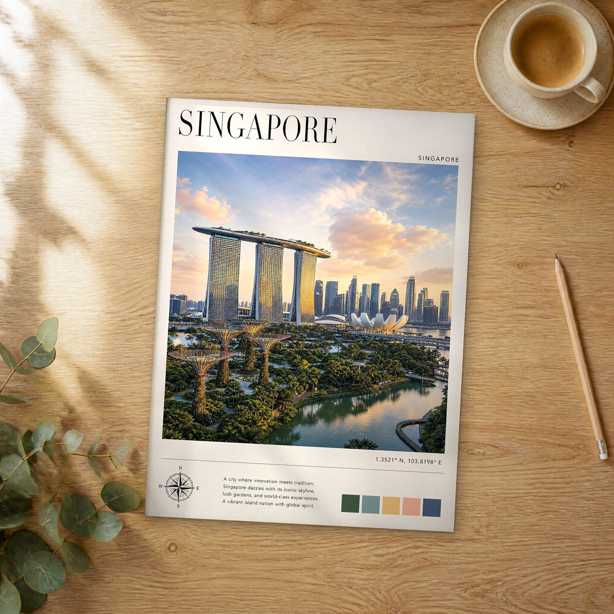 Unframed Singapore modern photography travel poster on a wooden table