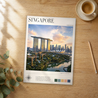 Unframed Singapore modern photography travel poster on a wooden table