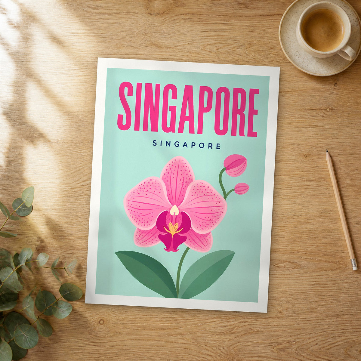 Unframed Singapore pop art travel poster on a wooden table
