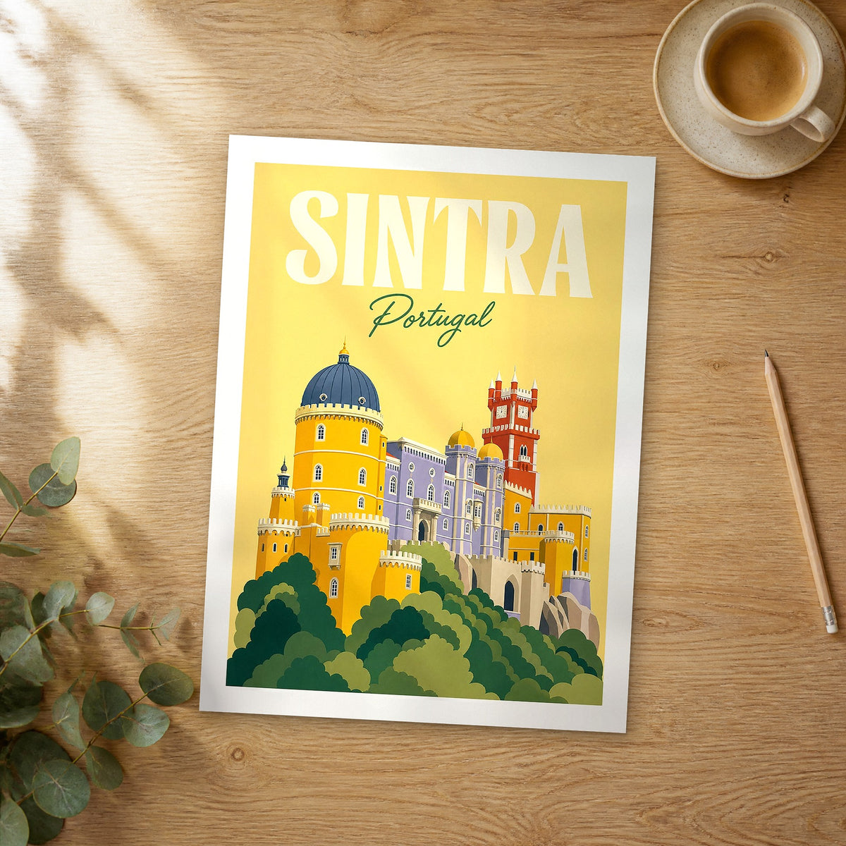 Unframed Sintra pastel pop art travel poster on a wooden table