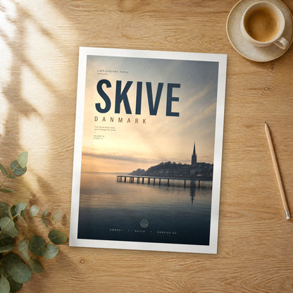 Unframed Skive bold typography travel poster on a wooden table