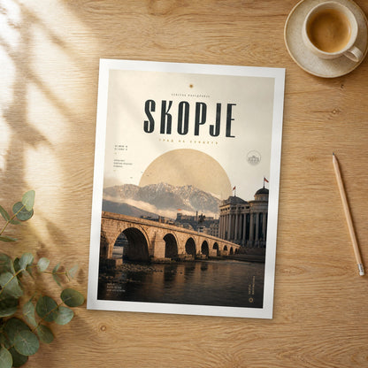 Unframed Skopje bold typography travel poster on a wooden table