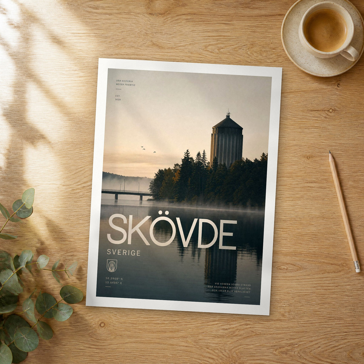 Unframed Skövde bold typography travel poster on a wooden table