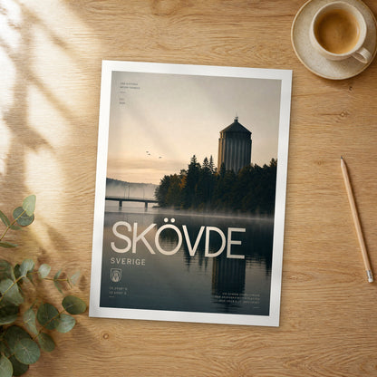 Unframed Skövde bold typography travel poster on a wooden table