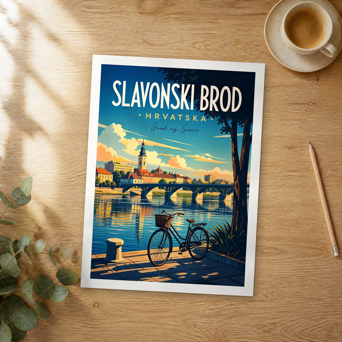Unframed Slavonski Brod retro travel poster on a wooden table