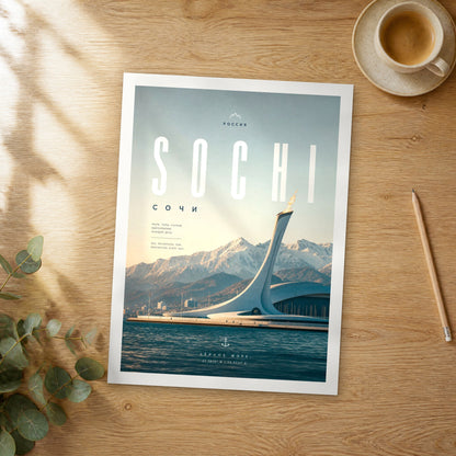 Unframed Sochi bold typography travel poster on a wooden table